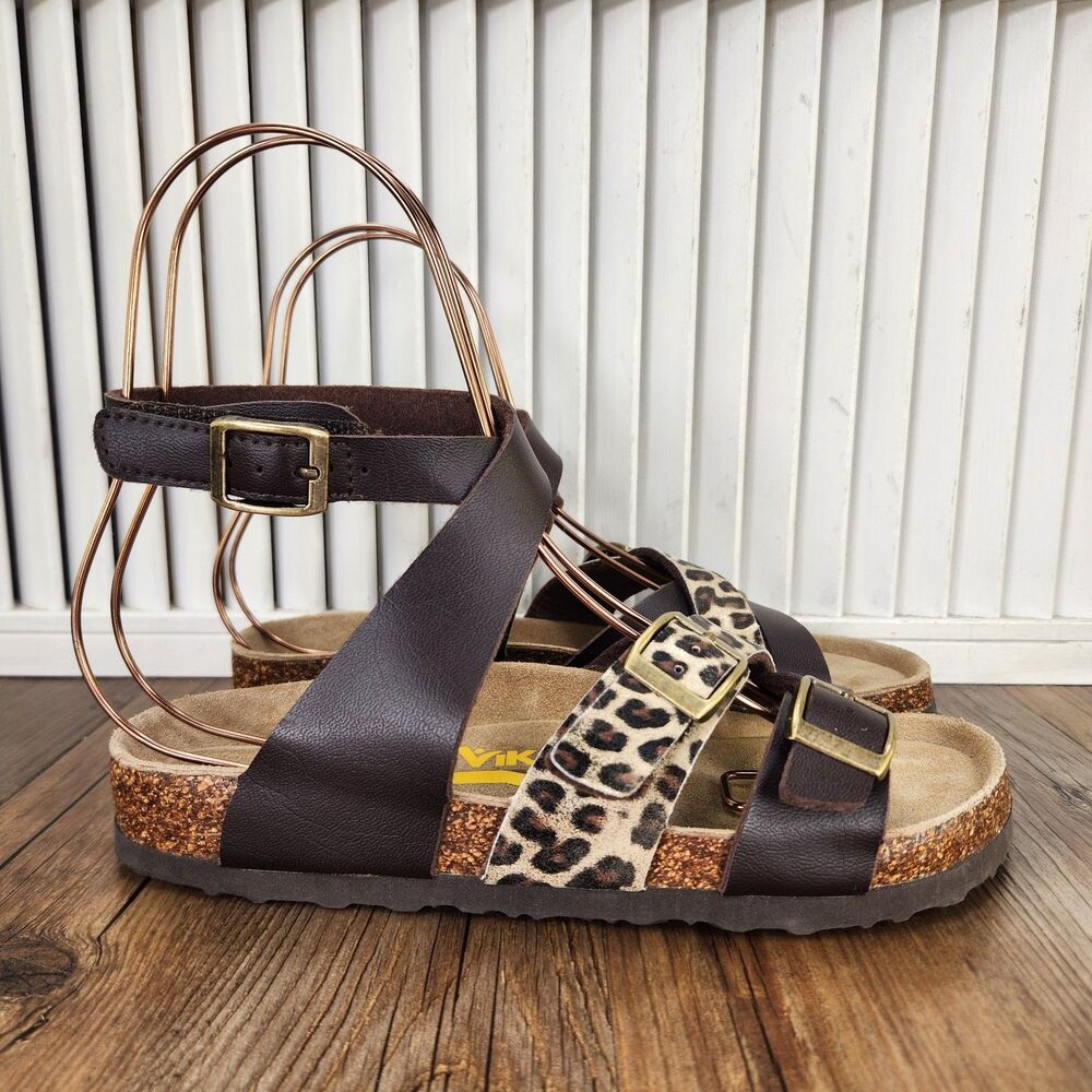 Viking Cortina Sandals Womens Sz 6.5 Brown Leather Leopard Strap Gladiator Shoes